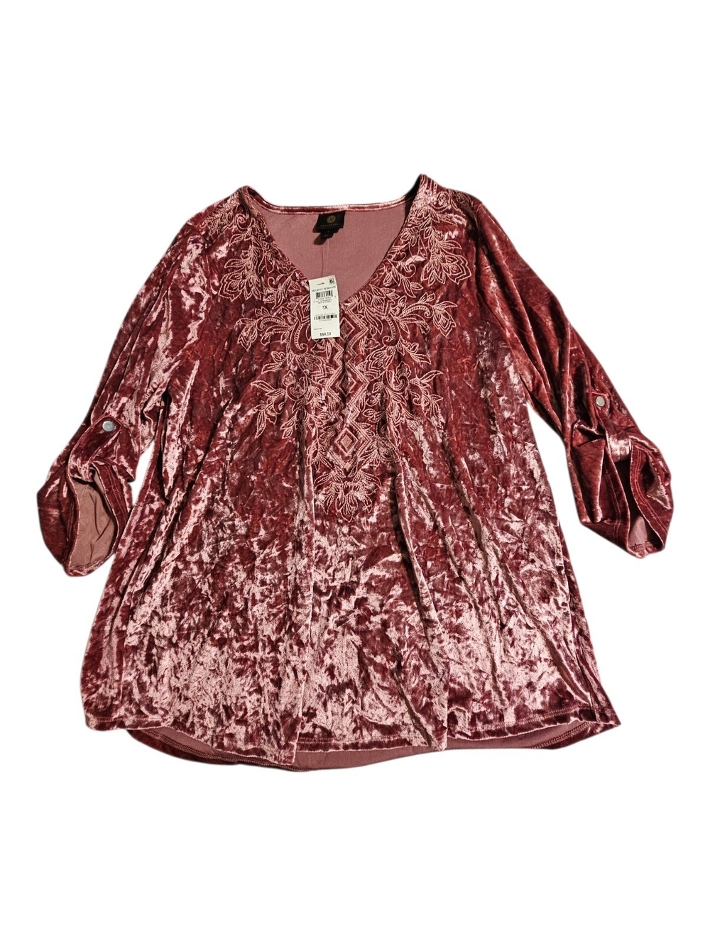 JM Collection Crushed Velvet Embroidered V-Neck Tunic - Rose